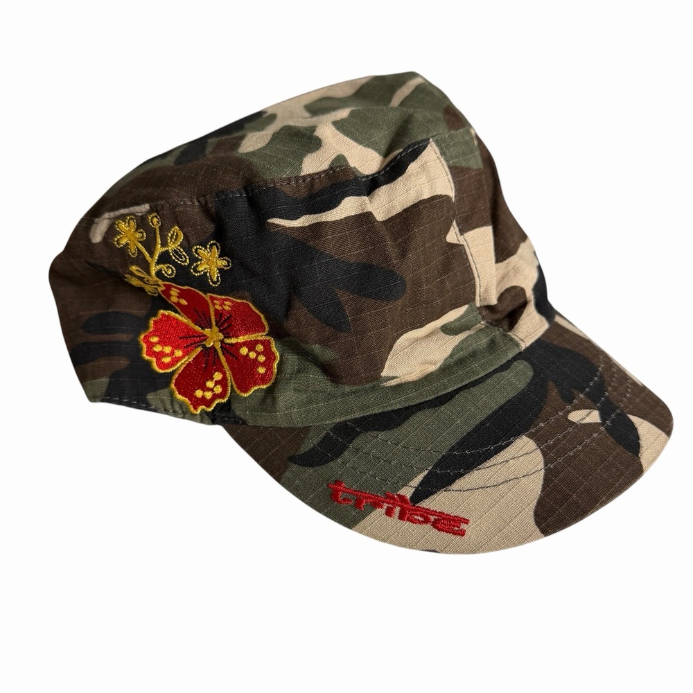 Vintage Y2K Tribe Headgear Camo Hat Hibiscus Flower Embroidered O/S Cap